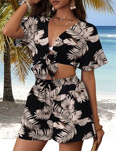 REDHOTYPE Women's Hawaiian Beach Outfit 2 Piece Tropical Print Swim Cover Up Shorts Set Summer Vacation Beachwear（S-XL）2