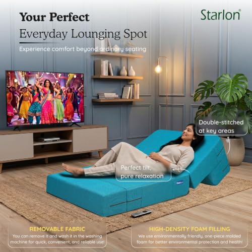Image of Starlon 1 Seater Sofa Cum Bed Foldable 3-in-1 Sofa Bed with 1 Year Warranty, Washable Jute Fabric Cover |Aqua Teal 2.5x6 Ft