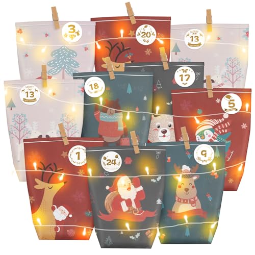 2025 Adventskalender zum Befüllen 24 DIY Adventskalender Zubehör Personalisierte Papiertüten zum Selber Basteln mit Tüten und Zahlen Aufkleber, Weihnachtskalender Papiertüten zum Selbstbefüllen (A)