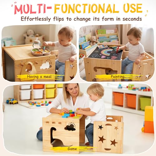 Image of Montessori Weaning Table and Chair Set for Toddlers Age 1-3,with Blackboard | Flip Stool to Adjust Height, Storage Hooks, Puzzle Storage Boards, Natural Wood,CPC Certification,for Dining,Painting,Reading