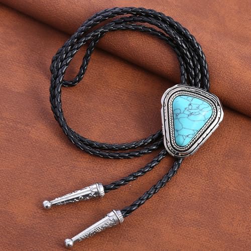 Image of Turquoise Bolo Tie for Men, Leather Braided Necktie Western Cowboy Bola Tie Costume Accessories for Men Women
