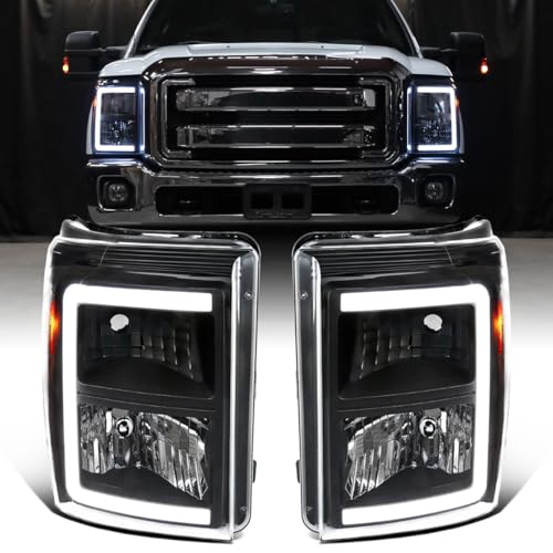 Ronnin - Fits 2011-2016 Ford F250 F350 F450 F550 Super Duty Upgraded LED Tube Headlights Replacement Animated Startup Effect Assembly Pair | Black