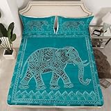 Elephant Kids Fitted Sheet Twin Size,Indian Exotic Trippy Boho Bedding Set,Boys Girls Room Decor,Native American Indian Style Bed Cover,Green Psychedelic Bed Sheet,1 Pillowcase