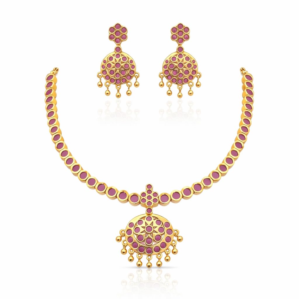 Gold Finish Attigai Necklace Set with Matching Earrings | Suitable for Every Occasion (Red)