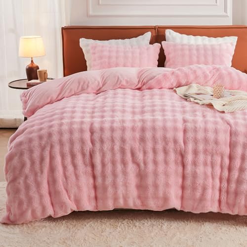 Image of EMME Faux Fur Duvet Cover Twin Size, 2 Pieces Ultra Soft Fluffy Comforter Cover, Cozy Warm for Winter, Luxury Elegant Shaggy Bubble Design Bedding, 1 Duvet Cover & 1 Pillow Shams (Twin, Pink)