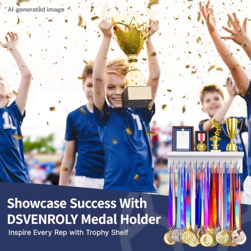 Image of Medal Holder Display Trophy Shelf Organizer, Sturdy Wooden Race Award Hanger Rack with 25 Steel Hooks, Wall Mount Storage Stand for Sports Fans, Cheer Success