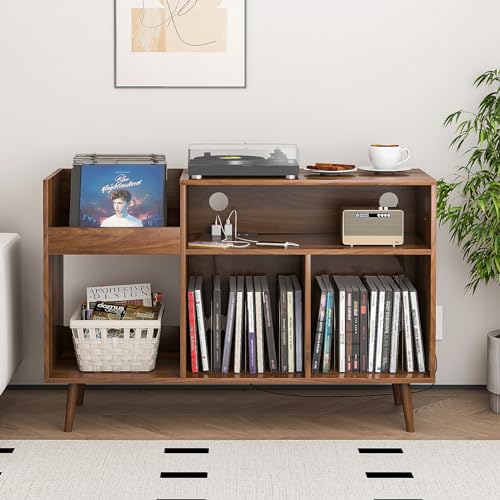 Record Player Stand with Charging Station & USB Ports, Mid-Century Turntable Stand Table Holds Up to...