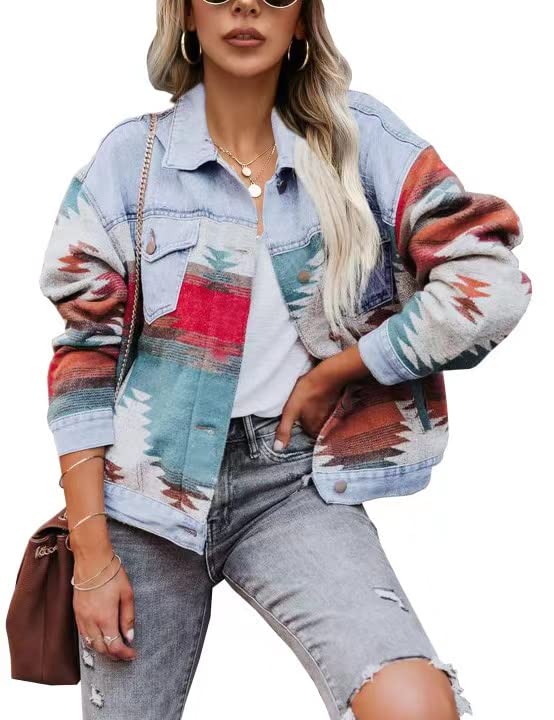Lumister Damen Jeansjacke Aztekenjacke Distressed Lapel Langarm Vintage Button Down Denim Jacke Shacket, Hell, blau, XXL