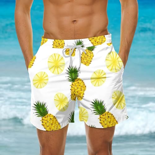 Mens Comfy Pineapple Print Swim Shorts Drawstring Waist Quick Dry Beach Board Shorts with Mesh Lining Pockets 20252