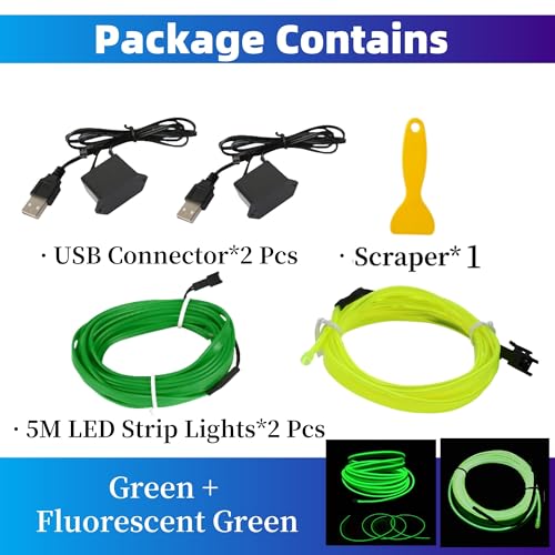 2 Stück 5m/16.4FT Innenraumbeleuchtung,Auto Led Innenbeleuchtung,USB EL Wire, Atmosphäre Licht, Streifen, Tape,Ambientebeleuchtung, Lampen,Neonröhre Lichte (GrüN + GrüN Fluoreszierend(2 * 5m))