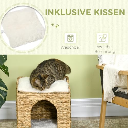 PawHut Rattan Katzenhaus, Katzenhöhle mit Kissen, Katzenbett mit 2 Ebenen, Katzenkorb, Katzenhütte für Katzen bis 5 kg, Wasserhyazinthengras, 37,5 x 37,5 x 41,5 cm, Braun