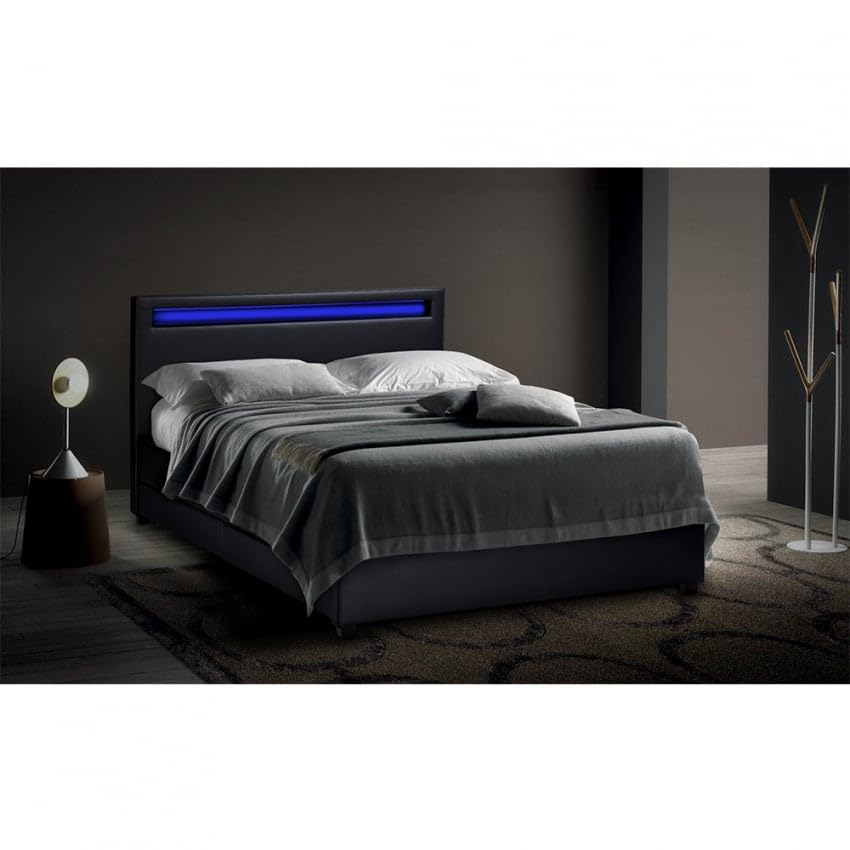 Produce Shop Letto Matrimoniale 2 piazze Moderno con Rete testiera LED cassetti 160x190 Geneva King - Nero