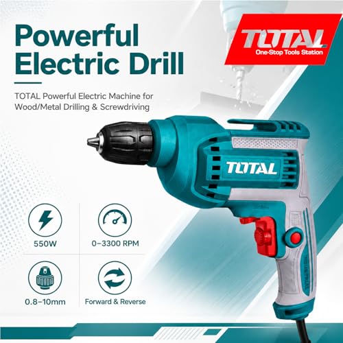 Image of TOTAL 550W Electric Drill Machine, 100% Copper Motor | 0-3300 RPM Variable Speed Control | 0.8-10mm Keyless Chuck | Lock-on Button | Forward & Reverse Drilling for Wall, Wood, Metal, Screwdriving
