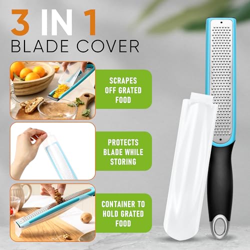 Image of Spring Chef Premium Lemon Zester Grater with Handle - Fruits, Garlic, Chocolate, Ginger Grater - Heavy Duty Kitchen Tool - Stainless Steel Citrus Zester with Blade Cover - Fine Shred - Aqua Sky