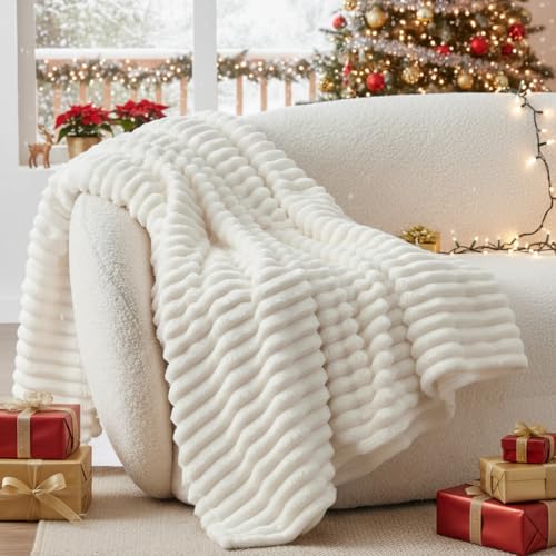 BEDELITE Kuscheldecke Flauschig Decke Klein - weiche Flanell Decken Elfenbein Weiß 125x150 für Sofa, Deko Streifen Cord Fleecedecke Weiss als Sofaüberwurf für Wohnzimmer, Throw Blanket Wide Use