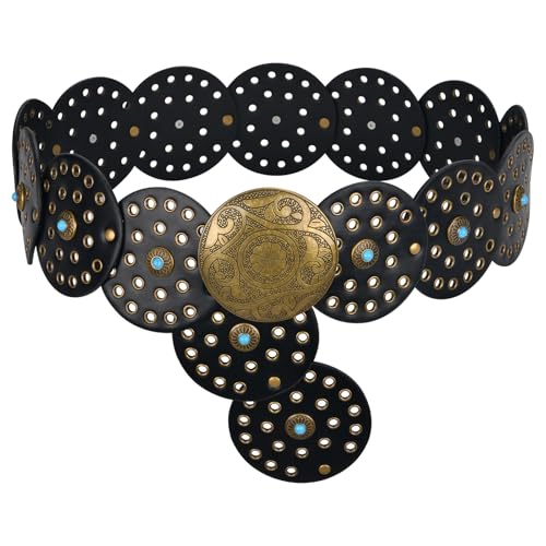 Western Leather Belts for Woman Boho Cowgirl Wide Disc Belt for Women Concho Cowboy Waist Belts for Dress (Black-bronze Buckle, 41'' (fits waist size up to 37''))