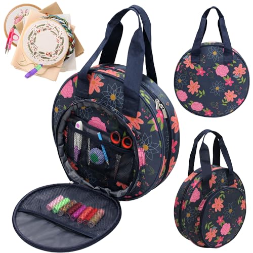 JLDTOP Floral Embroidery Project Bag, 13x13x3 Inch Round Cross Stitch Storage Bag, Portable Embroidery Organizer for Hoops Floss Thread Knitting Tools, Craft Gift for DIY Enthusiasts (Blue)