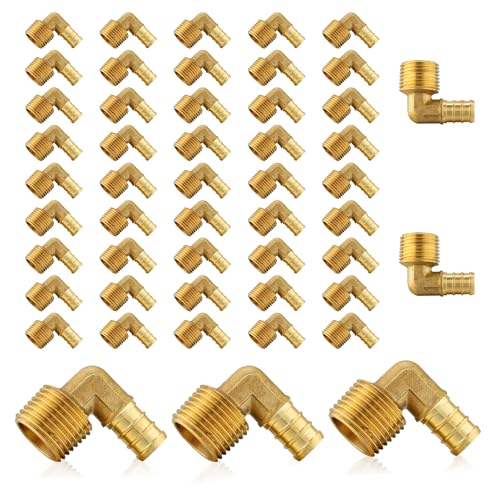 (50-Pack) PEX Fittings, Pex 1/2" x 1/2" Male Threaded NPT Elbow Adapter, Brass Crimp Fittings, for PEX Tubing Pipe Plumbing, ASTM F1807(PEX1807096-50Pack)