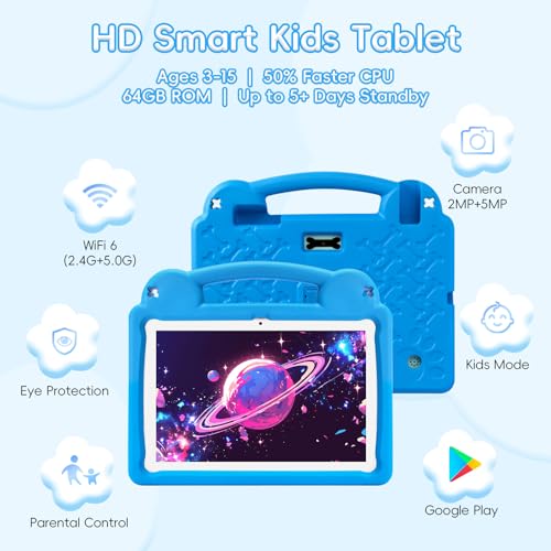 Image of Kids Tablet, 10.1 Inch Android Tablet for Kids, A523 Octa-Core, 8GB+64GB, 5000mAh Battery with Blue EVA Case, Wi-Fi 6 (2.4GHz & 5GHz), Parental Control, GMS