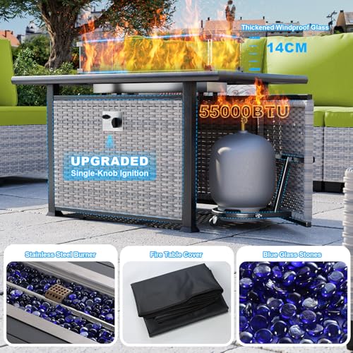 Image of 18-Piece Patio Furniture Set, Outdoor Patio Furniture with 55,000 BTU Fire Pit Table, Swivel Chairs Set, Thick Cushions, Modular Patio Sofa, Dual-Strand Wicker Rattan, Rust-Resistant Frame,Grass Green