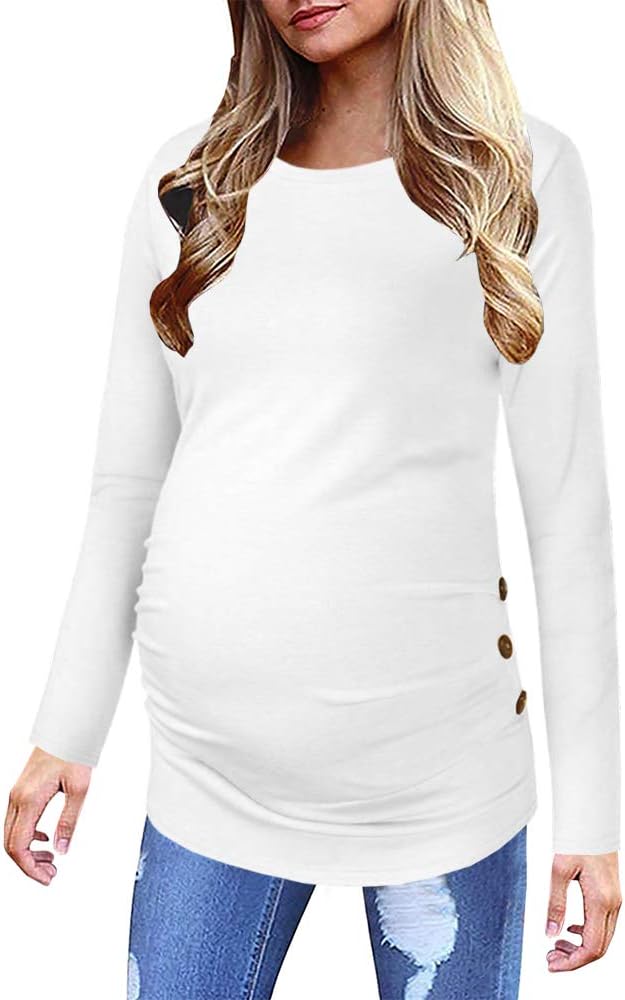 ChuanqiMaternity Shirt Side Button and Ruched Tunic Tops Maternity Long Sleeve T-Shirts
