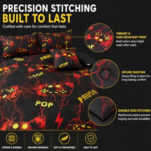 Image of ZRNBAST Gamer Comforter Set Full Size, Red Gaming Bedding Set for Boys, Lightning Game Console Microfiber Bed Sets, 6 Pieces Teen Game Gamepad Bed in a Bag (Red,Full)