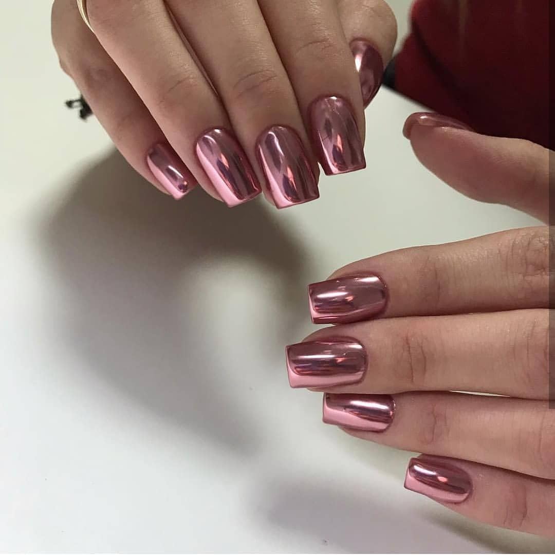 KQueenest Chrome Baby Pink Press on Nails Short Medium Square Glitter Metallic False Nails Medium Coffin