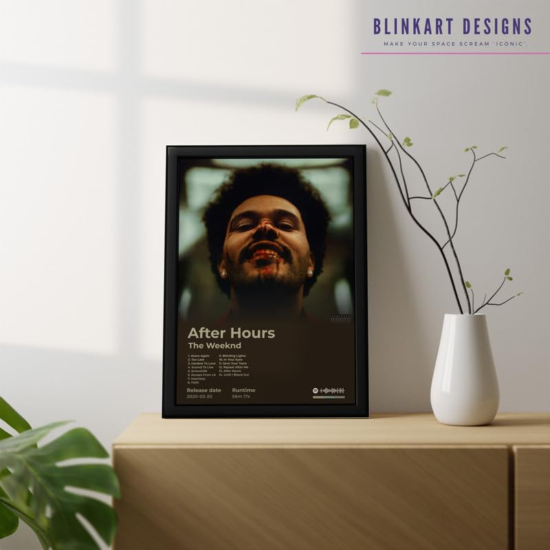 Image of BLINKART The Weekend - After Hours Wall Photo Frames | Wall Art for Bedroom, Living Room, Studio or Office | Album Cover Print with Spotify Song Link QR Code | Gift for Fans - 8x12 In