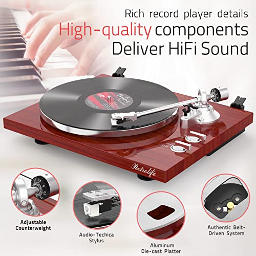 Turntables Belt-Drive Record Player with Wireless Output Connectivity, Vinyl Player Support 33&45 RPM Speed Phono Line Output USB Digital to PC Recording with Advanced MM Cartridge&Counterweight Red