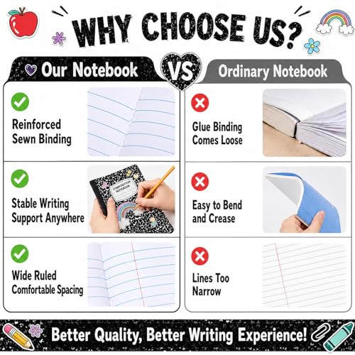6 Pack Large Composition Notebooks Bulk 9.8 × 7.5 in Wide Ruled Hard Cover Composition Book Assorted Marble Journal College Ruled Paper for College Office Back to School Supplies(Black and White) - Image 4