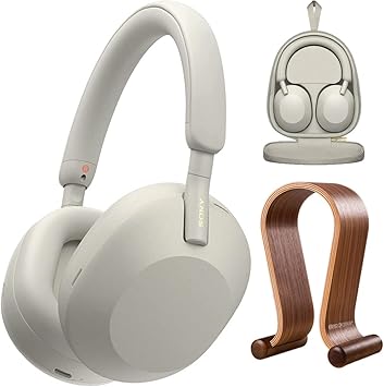 sony wh 1000xm5 wireless industry leading noise canceling headphones silver bundle with deco gear wood headphone display stand and protective travel