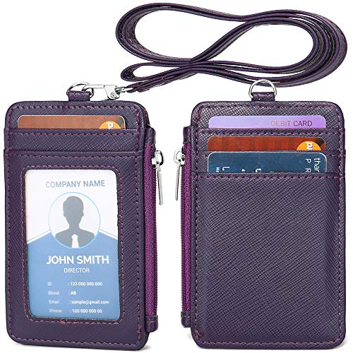 Leamekor ID Badge Holder with Neck Lanyard PU Leather ID Badge Wallet Case with 1 ID Window, 4 Card Slots, 1 Side Zipper Pocket