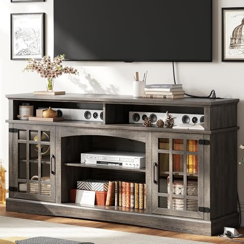 IRONCK Farmhouse TV Stand for 65 Inch TV, 32“Tall Entertainment Center with Power Outlets, Rustic TV Cabinet with Glass Door Media Console, TV Console for Living Room,Dark Rustic Oak