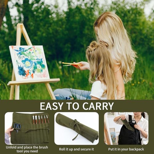 Image of Green Canvas Paint Brush Holder Roll-up Case Bag, 30 Slots Pockets Carry Pouch Artist Brush Storage Organizer, 19.1 inch L x 12.99 inch W