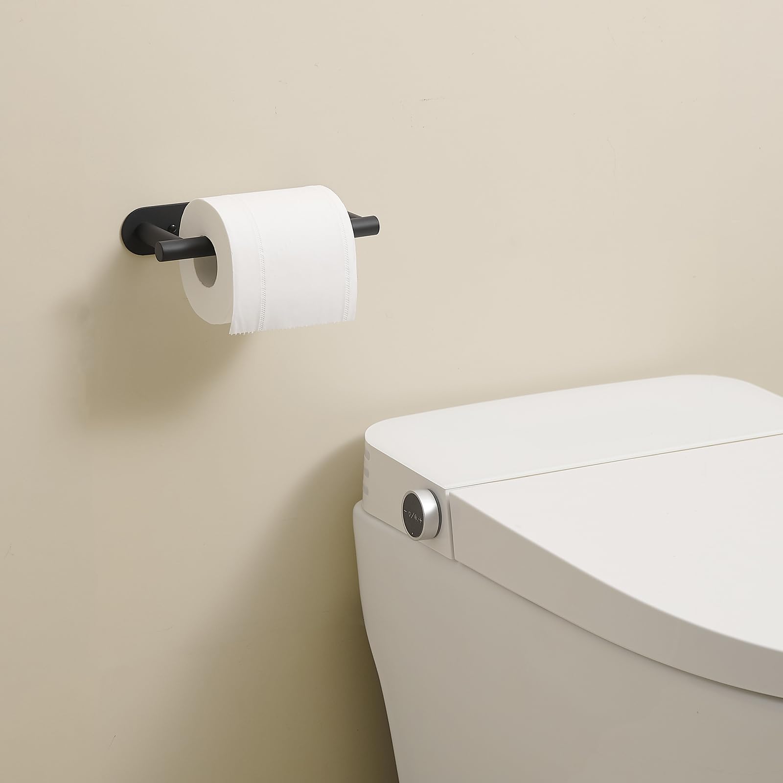 BESy Toilet Paper Holder for Bathroom RV Flexible Tissue Handle Adjustable Pivoting Toilet Paper Roll Holder Toilet Tissue Holder Self Adhesive or Wall Mount with Screws Stainless Steel Matte Black