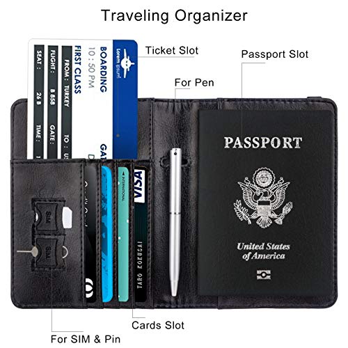 Image of WALNEW Passport Holder for Travel, RFID Passport Cover Wallet for Women Men, PU Leather Passport Book Card Holder Case with Pen, Travelling Essentials for Flying