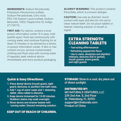 Image of Retainer Cleaner and Soak Container, No-Mess Cleaning Tablets with Universal Denture Bath Case and Strainer, Multipurpose, for Mouth Guard Stains, Odor, and Plaque (92 Tablets + 1 Bath) by M3