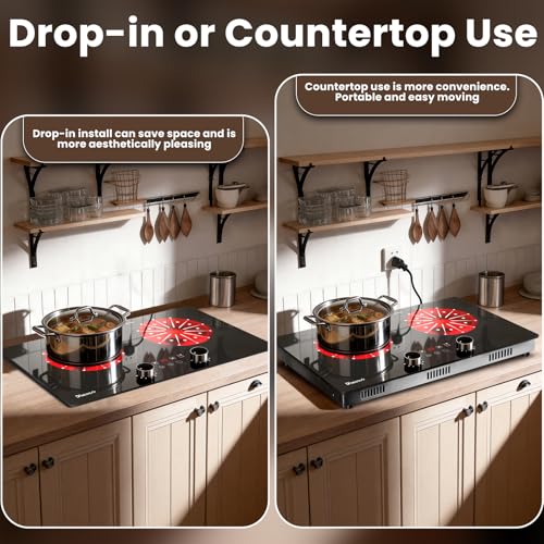 Image of 2 Burner Electric Cooktop 110V - 24 Inch(23.6 inchx 13.78 inch) Ceramic Stove Countertop & Built-in(22 inchx 12.2 inch), 2000W Two Burner Cooktop with Touch & Knob Control, Timer, Safety Lock, 120V Plug in