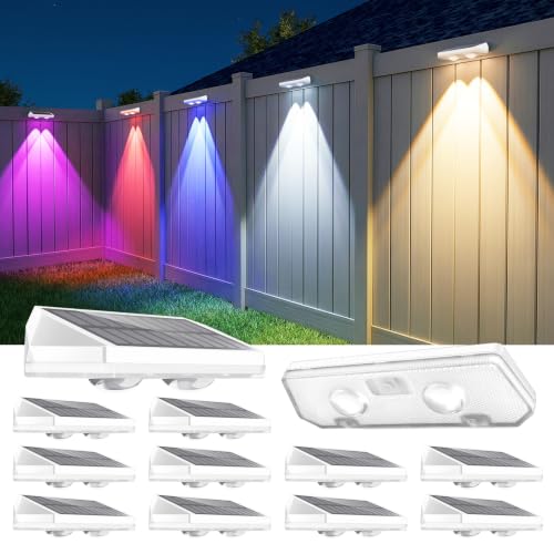 Image of 12 Pack Solar Fence Lights, Fence Lights Solar Powered with Ultra-Bright Lens Warm White + RGB 13 Color Mode IP65 Waterproo for Backyard /Step /Patio /Deck /Stair /Railings-White