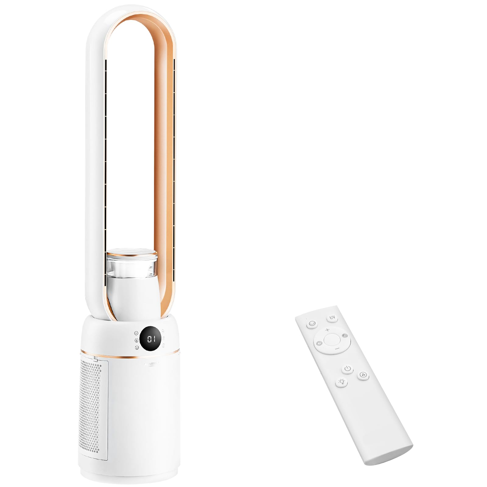 ROVSUN Ventilateur Colonne Purificateur d'Air, Ventilateur Sans Pales 110 cm, Humidification, Ions Négatifs, Stérilisation UV, 32 Vitesses, 4 Modes, 15H Minuteur, Oscillation 80°, Tactile+Télécommande