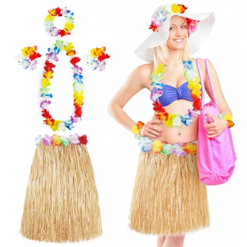 Aomig Disfarce havaiano saia de palha, 5 peças conjunto havaiano com colar pulseira grinalda diadema havaiano, saia havaiana erva para meninas mulher adultos para praia festas temáticas, Cor palha