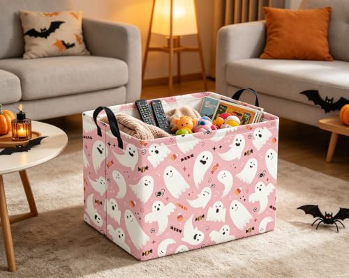 Image of Rectangular Halloween Basket for Boys and Girls Kids Trick or Treat Pumpkin Basket for Halloween Parties Cute Storage Bin Organizer Box Room Decor(Pink Halloween)