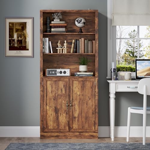 Image of BORNOON 70.1 inch Tall Bookshelf with Cabinet, 5-Tier Floor Standing Bookcase with Doors & Adjustable Shelves, 31.5 inch Wide Storage Shelf, Metal Handles, Modern Organizer for Home Office, Living Room