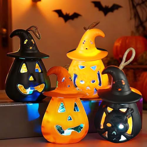4 Stück Halloween LED Kürbis Laterne, Tragbare Kürbi Led, Mini Halloween Deko Laterne LED, Flammenlose halloweens Deko, HalloweenDeko Kürbis Beleuchtet für Drinnen Draußen Kleine Laternes Dekorationen