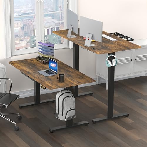 Image of SHW 55 x 28 Inches Electric Height Adjustable Standing Desk with Drawer and Memory Preset, Rustic Brown