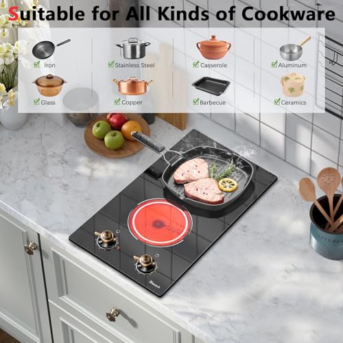 Image of 2 Burner Electric Cooktop - 12 Inch Electric Stove Top 3000W, 220V Built-in Ceramic Cook Top with Retro Knob, 9 Power Heating Level, 220-240V Hard Wired