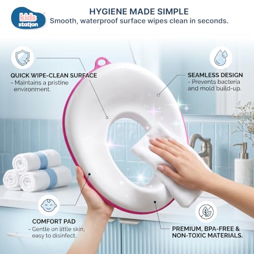 Image of Kids Station Baby Portable Baby Potty Training Toilet Seat Cover with Non-Slip Base, Splash Guard, and Storage Hook-Ideal for 1-5 Year Child, Fits Round & Oval Western Toilets, Toddler Travel-Friendly