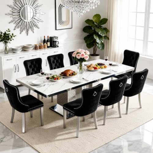 Image of 9-Piece Extendable Dining Table Set for 8, 63-94.5 inch Faux Marble Kitchen Table Set with 8 Black Tufted Chairs, Large Expandable Dining Room Table for 6 8 10 with Silver Mirrored U-Shape Base