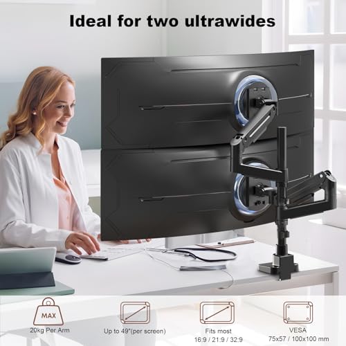 Image of Dual Monitor-Arm Heavy-Duty for 27-49-inch Screens - Premium Vertical Stacked Dual Monitor Arm Desk Mount for Ultrawide Screens up to 44lbs, Full Motion, VESA 75 /100 mm, Black