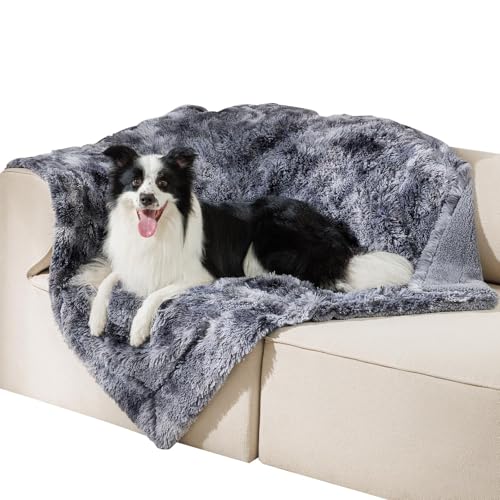 Luciphia Large Waterproof Dog Blanket Pet Washable Liquid Proof Furniture Protector Shaggy Plush Calming Long Faux Fur Bed Cover for Couch Cat Blankets Reversible Protection, Tie-dye Grey, 50" x 60"
